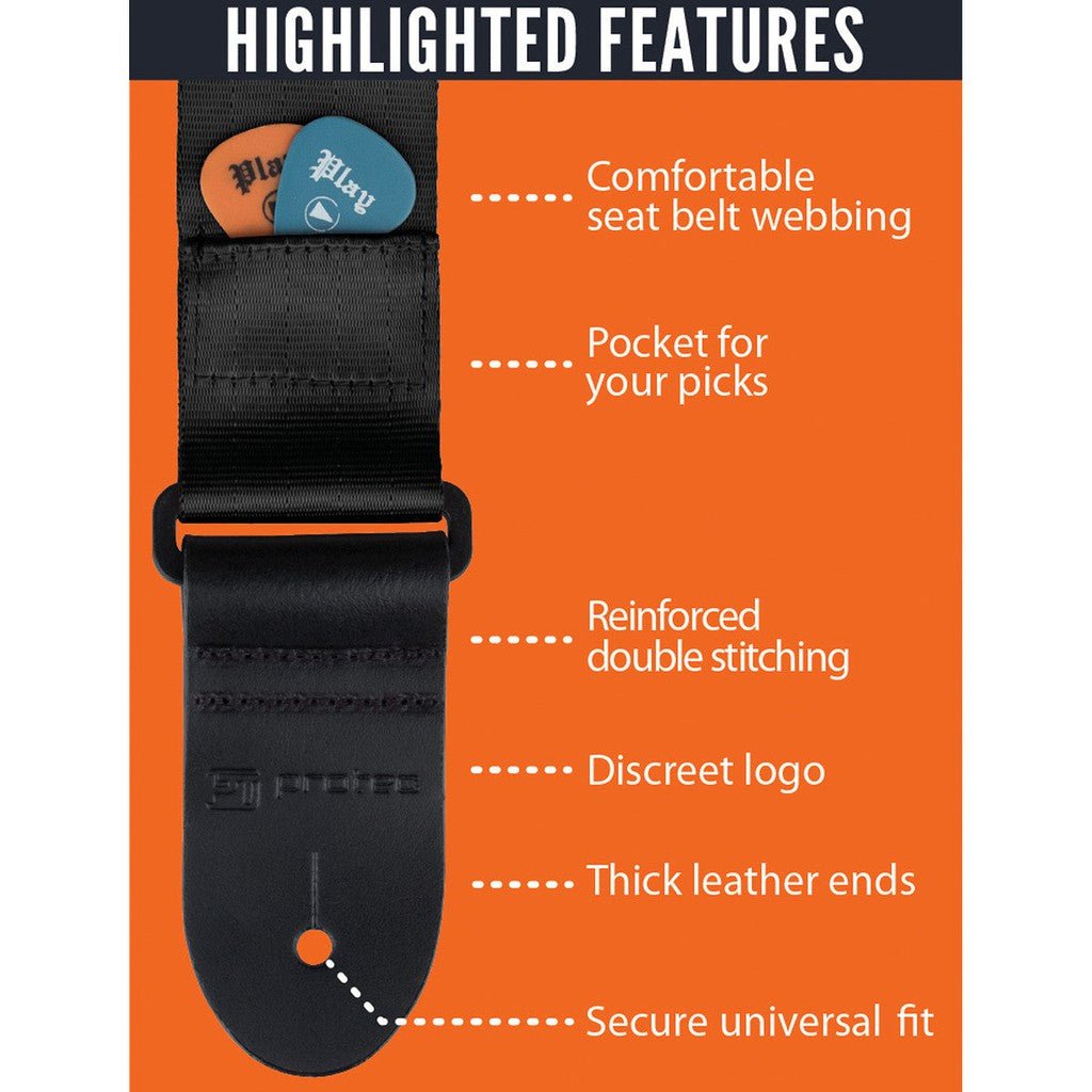 Protec Guitar Strap With Pick Pocket & Leather Ends - Seatbelt Nylon (Black)