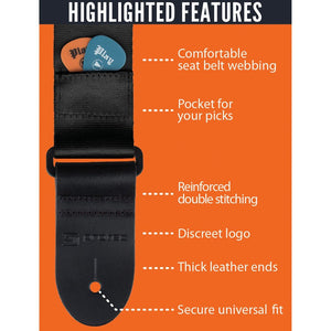 Protec Guitar Strap With Pick Pocket & Leather Ends - Seatbelt Nylon (Black)