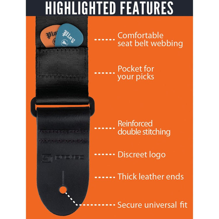 Protec Guitar Strap With Pick Pocket & Leather Ends - Seatbelt Nylon (Black)